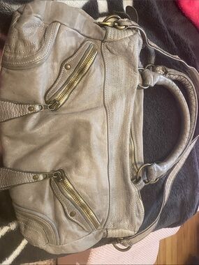 Classic Gray Leather Satchel with Gold Hardware